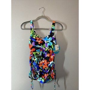 Swim Solutions Floral Blue Pink White Multicolor Single Tier Tankini Top sz 8